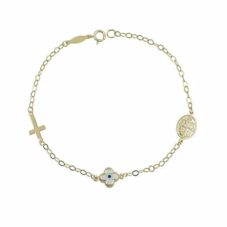 Χρυσό Παιδικό Βραχιόλι Κ9 με Σταυρό, Κωνσταντινάτο & Λευκό Ματάκι