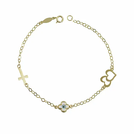 Χρυσό Παιδικό Βραχιόλι Κ9 με Σταυρό, Διπλή Καρδιά & Λευκό Ματάκι
