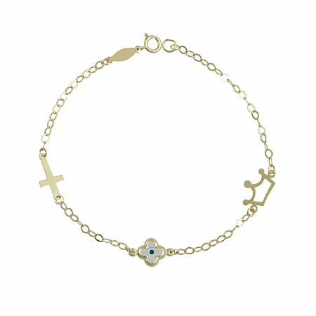 Χρυσό Παιδικό Βραχιόλι Κ9 με Σταυρό, Κορώνα & Λευκό Ματάκι