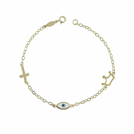 Ασημένιο Παιδικό Βραχιόλι 925 με Σταυρό, Ματάκι & Κορώνα