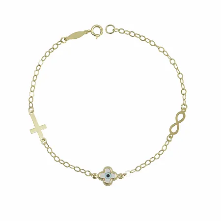 Ασημένιο Παιδικό Βραχιόλι 925 με Σταυρό, Άπειρο & Λευκό Ματάκι