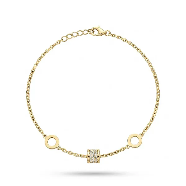 Ασημένιο Επίχρυσο Βραχιόλι 925 με Κύλινδρο Pavé και Γεωμετρικούς Κύκλους