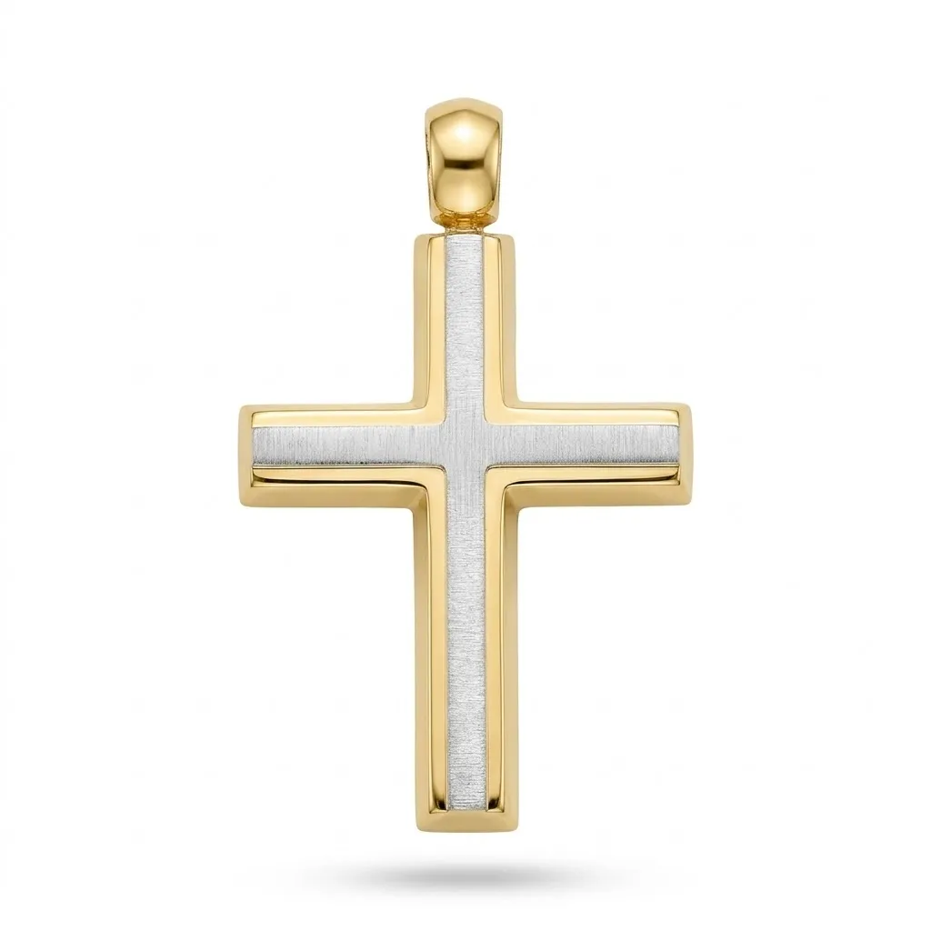 Χρυσός Δίχρωμος Βαπτιστικός Σταυρός Κ9 με Σατινέ και Λουστρέ Φινίρισμα CS-14