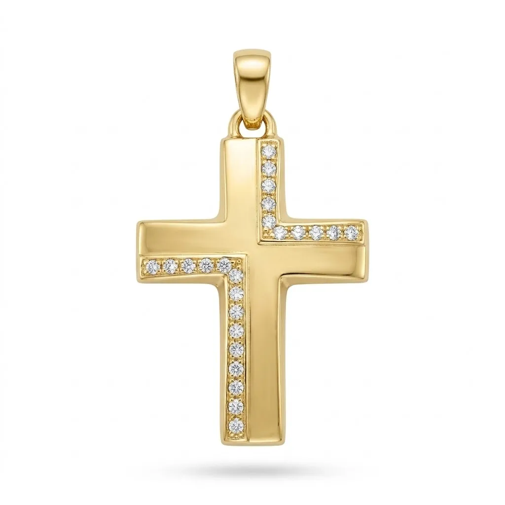Χρυσός Βαπτιστικός Σταυρός Κ9 με Λευκά Ζιργκόν