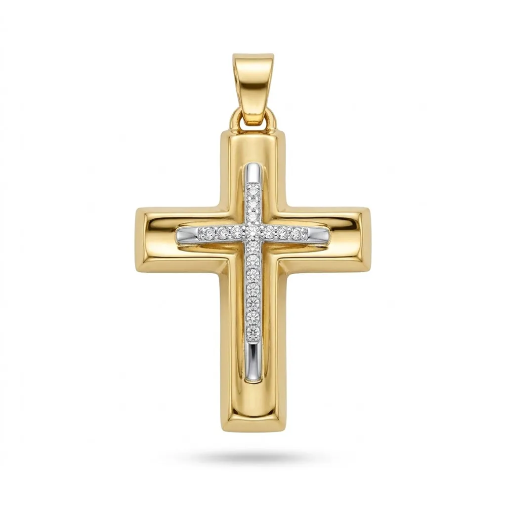 Χρυσός Δίχρωμος Βαπτιστικός Σταυρός Κ9 με Λευκόχρυσο Σταυρουδάκι και Ζιργκόν