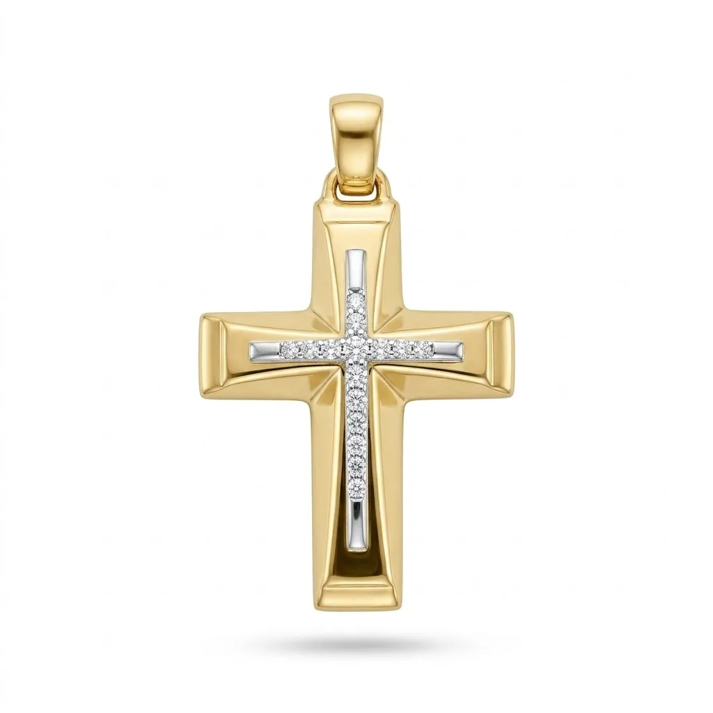 Χρυσός Δίχρωμος Βαπτιστικός Σταυρός Κ9 με Ανάγλυφες Ακμές και Ζιργκόν