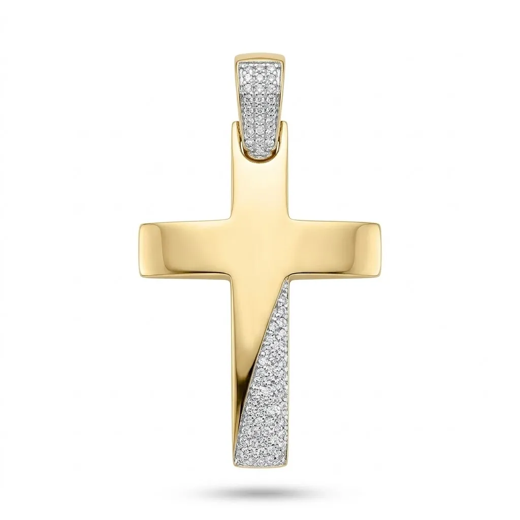 Χρυσός Βαπτιστικός Σταυρός Κ14 με Ασύμμετρη Λάμψη Ζιργκόν