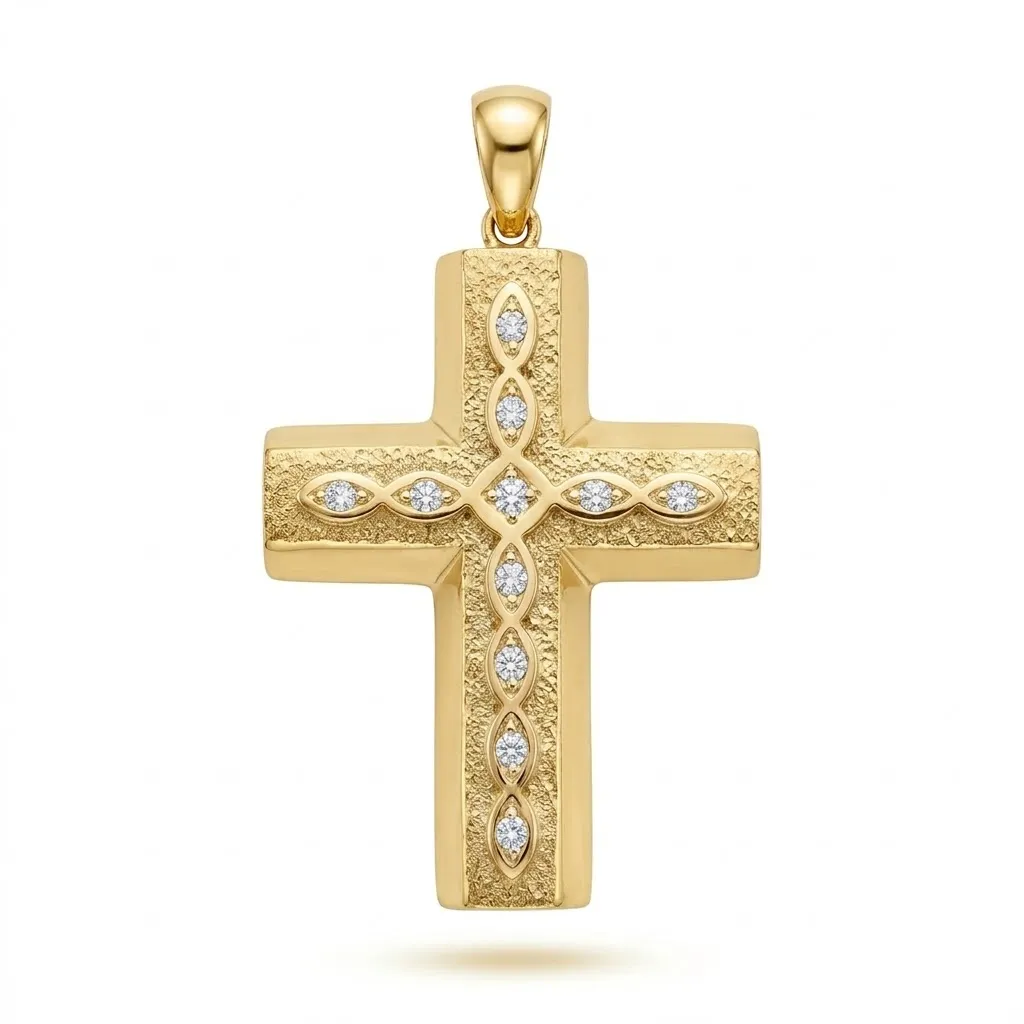 Χρυσός Βαπτιστικός Σταυρός Κ14 με "Δαντελωτό" Σχέδιο και Ζιργκόν