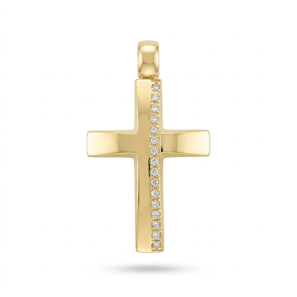 Χρυσός Βαπτιστικός Σταυρός Κ9 με Κάθετη Σειρά Ζιργκόν