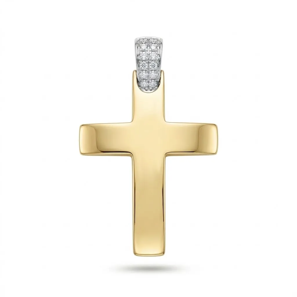 Χρυσός Βαπτιστικός Σταυρός Κ9 Minimal με Λευκόχρυσο Κρίκο και Ζιργκόν