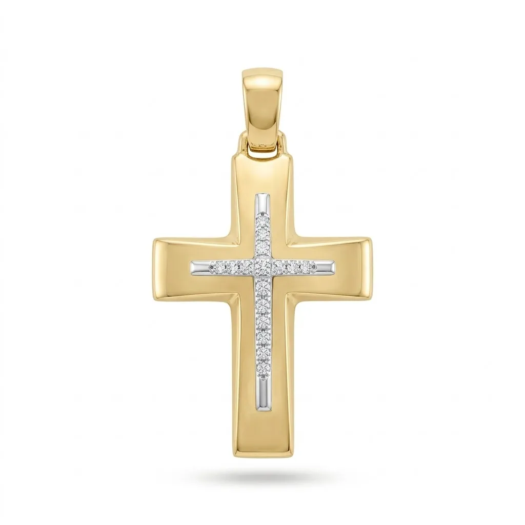Χρυσός Δίχρωμος Βαπτιστικός Σταυρός Κ9 με Λευκόχρυσο Σταυρό και Ζιργκόν
