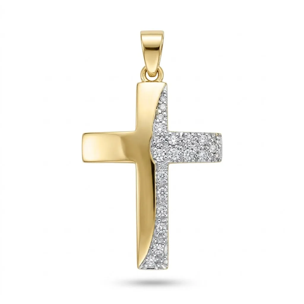 Χρυσός Δίχρωμος Βαπτιστικός Σταυρός Κ9 με "Κυματιστό" Σχέδιο και Ζιργκόν