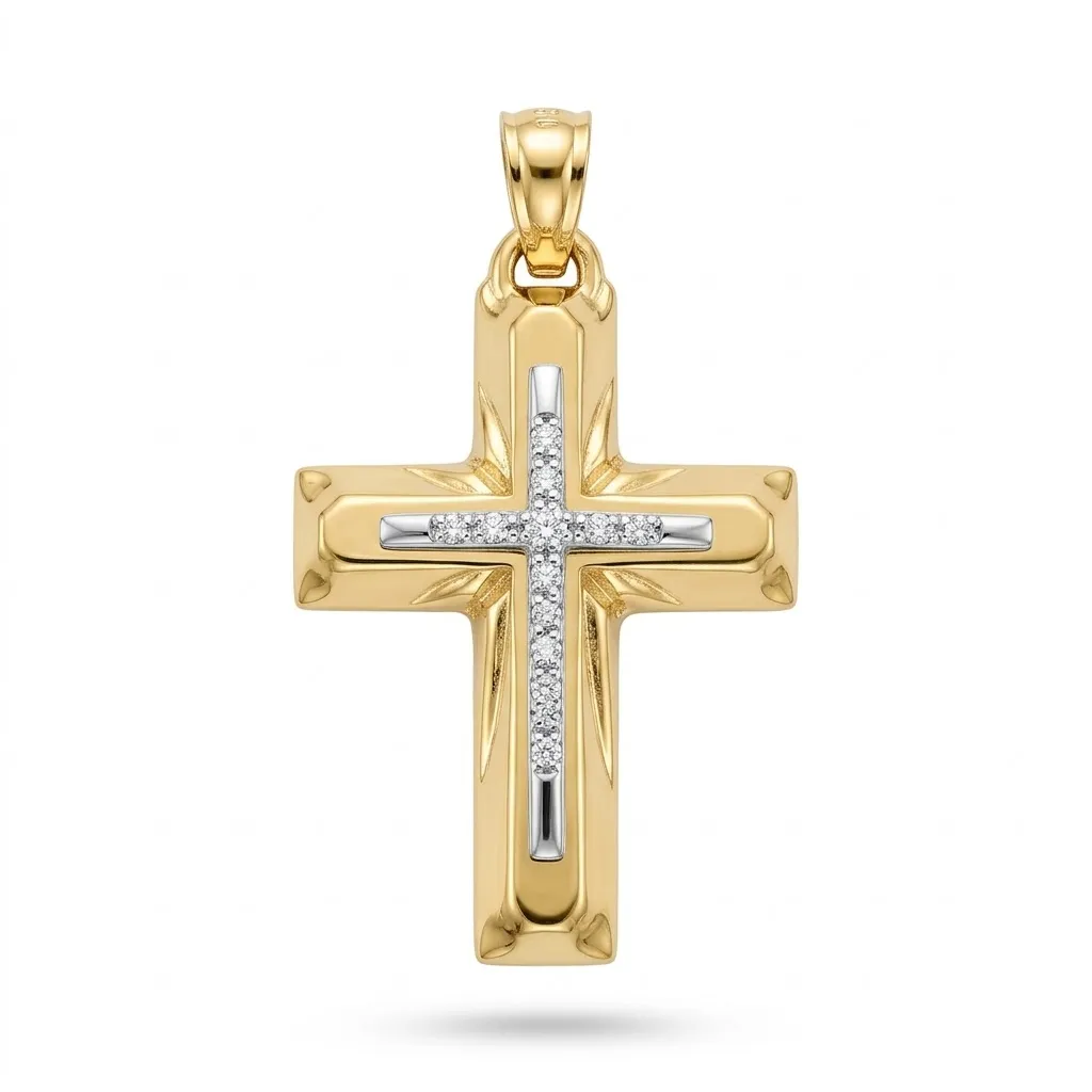 Χρυσός Δίχρωμος Βαπτιστικός Σταυρός Κ9 με Ανάγλυφες Ακτίνες και Ζιργκόν