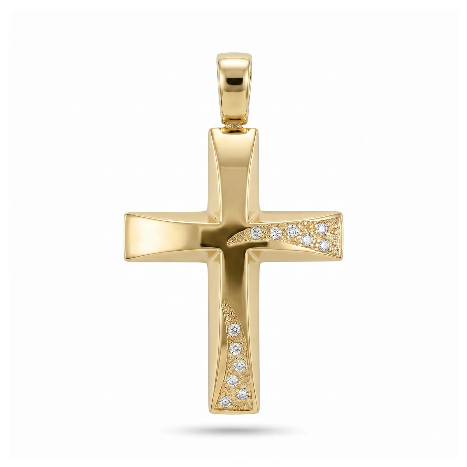 Χρυσός Βαπτιστικός Σταυρός Κ9 με "Κυματιστό" Σχέδιο και Σειρές Ζιργκόν