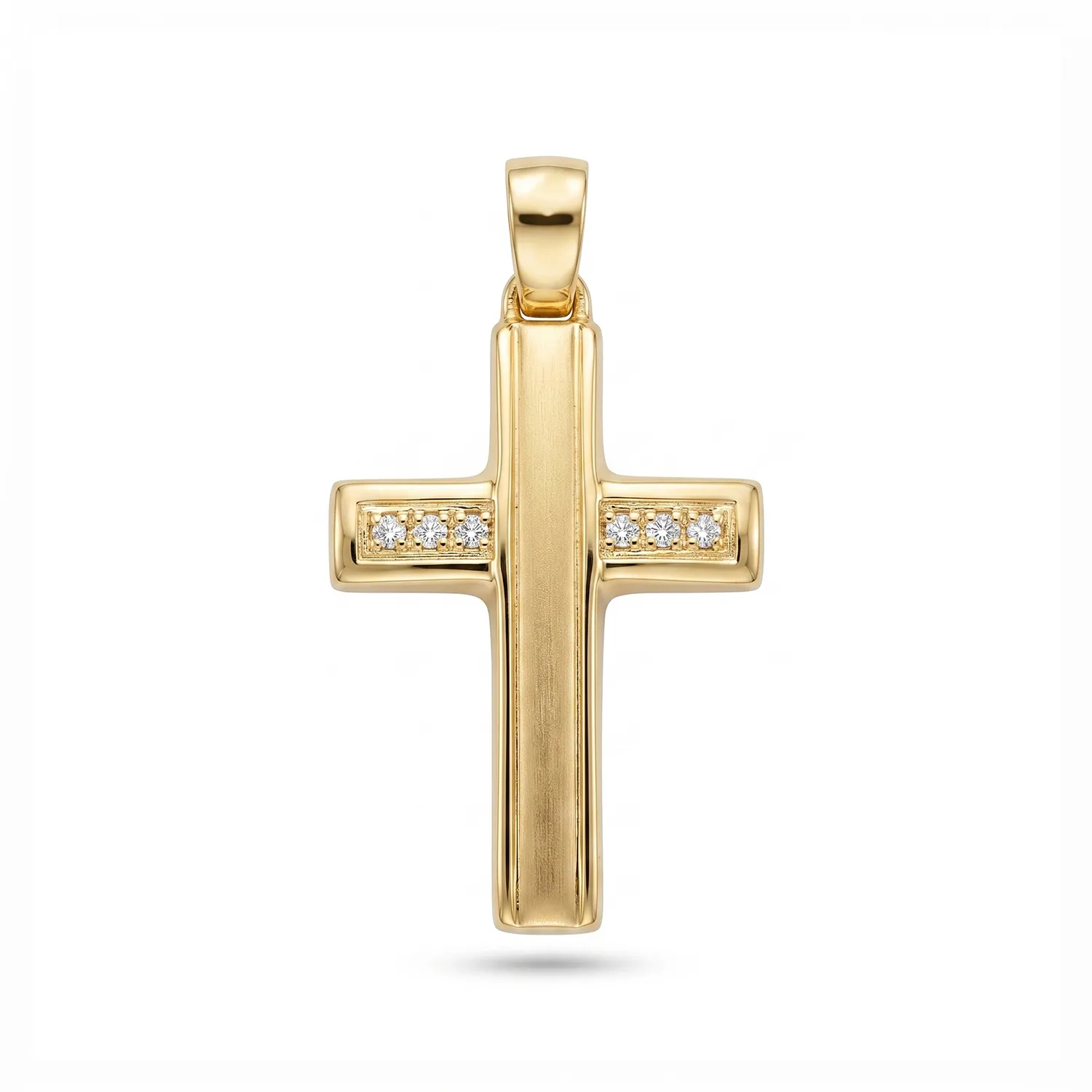 Χρυσός Βαπτιστικός Σταυρός Κ9 με Σατινέ Κορμό και Πλευρικές Σειρές Ζιργκόν