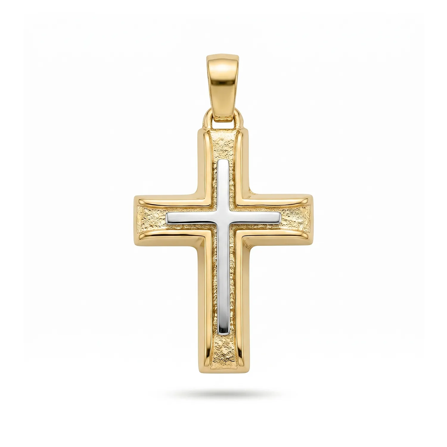 Δίχρωμος Βαπτιστικός Σταυρός Κ14 με Ανάγλυφη Υφή και Λευκόχρυσο Σταυρό