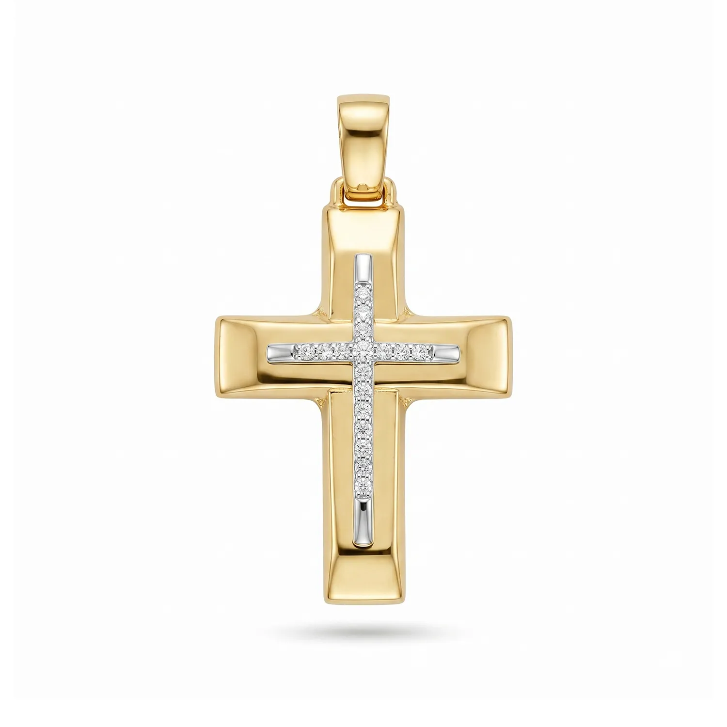 Δίχρωμος Βαπτιστικός Σταυρός Κ14 "Double Cross" με Λευκόχρυση Λεπτομέρεια και Ζιργκόν