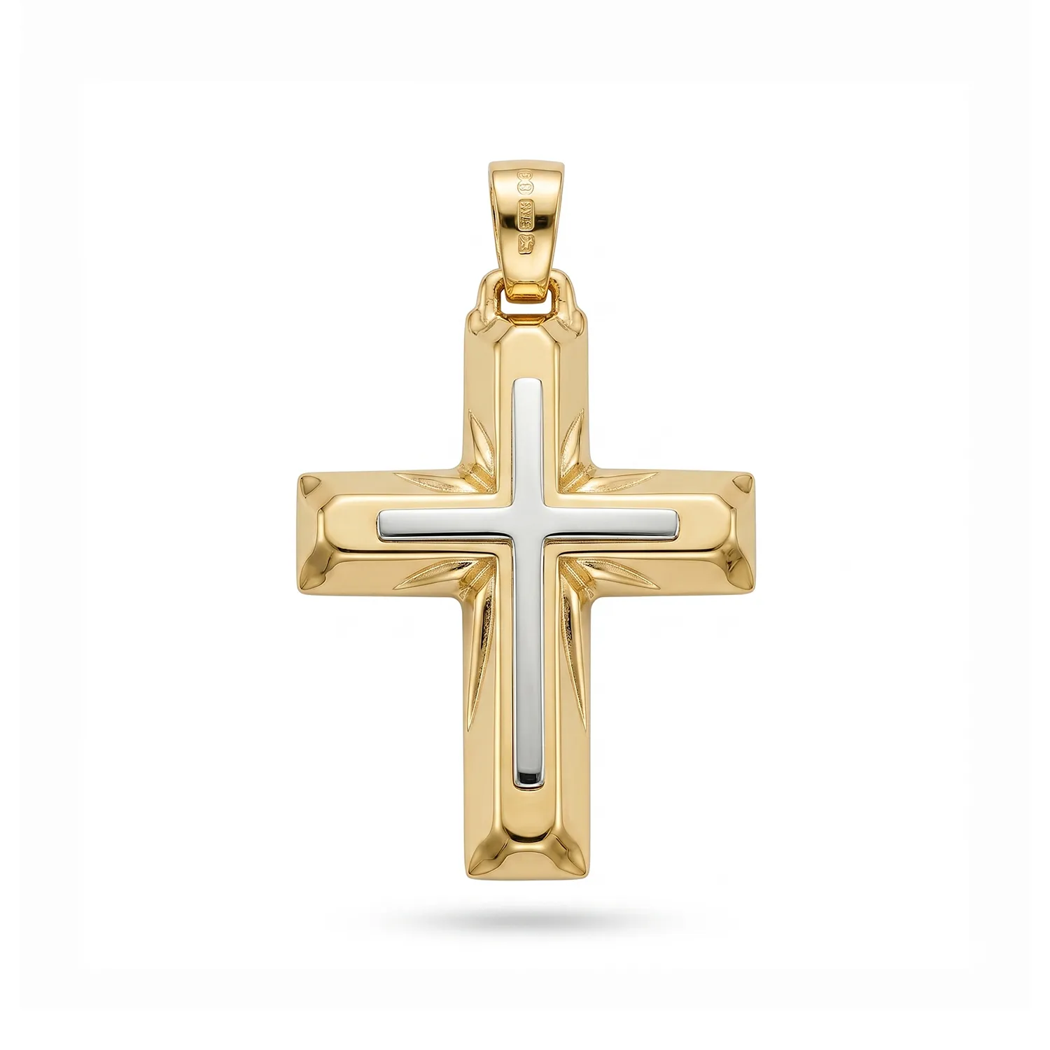 Χρυσός Βαπτιστικός Σταυρός Κ9 με Λευκόχρυσο Σταυρό και Ανάγλυφες Ακτίνες