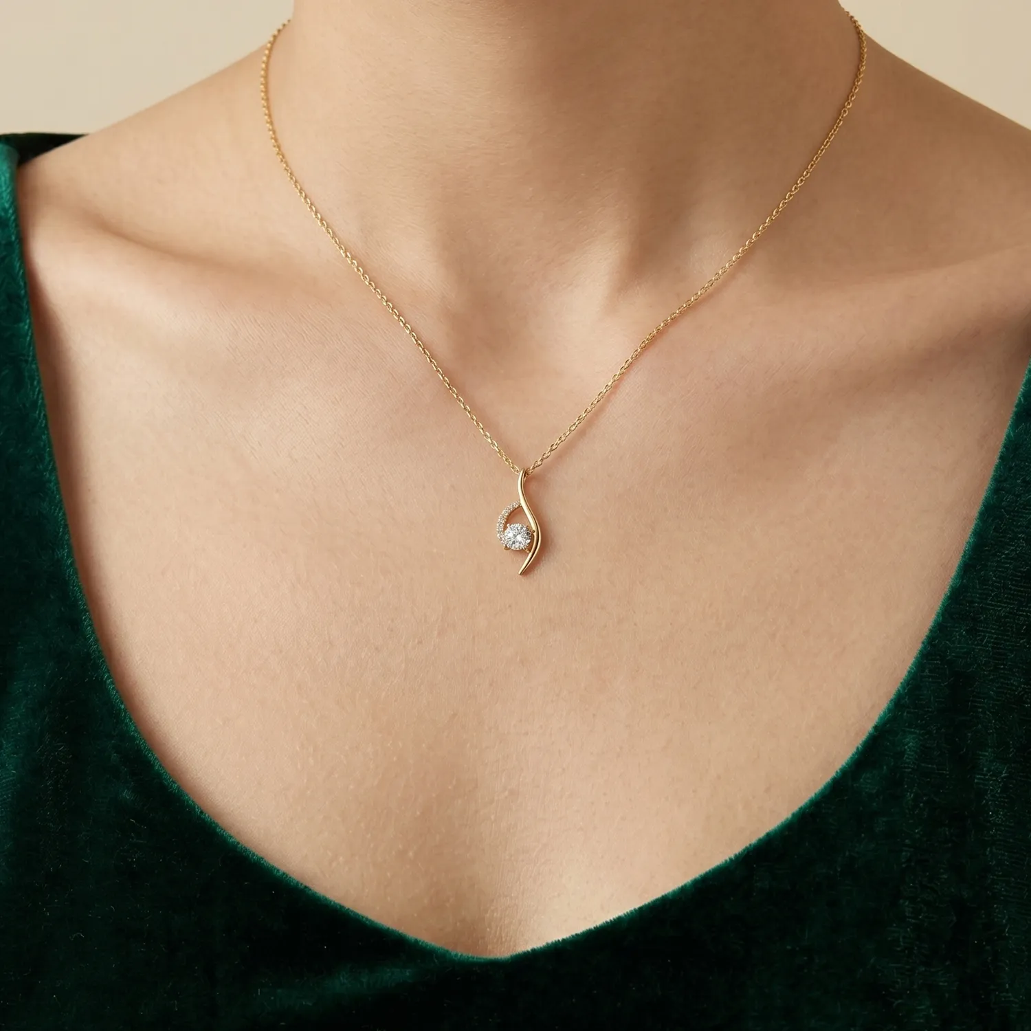 Ασημένιο Κολιέ 925 Επίχρυσο "Eternal Flow" με Μονόπετρο Ζιργκόν και Καμπυλωτό Μοτίβο