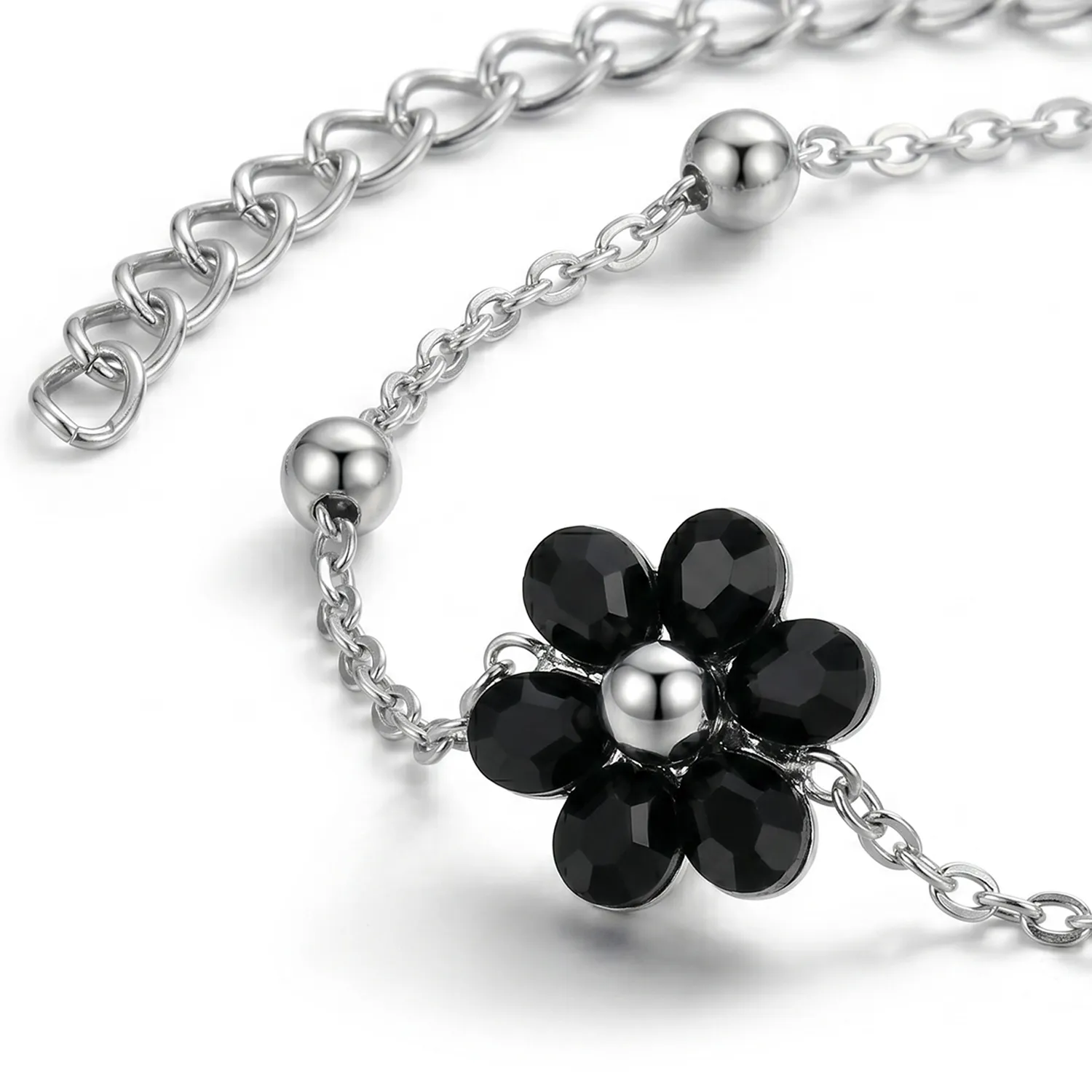 Βραχιόλι Stainless Steel με Τρία Μαύρα Λουλούδια και Ασημί Μπίλιες