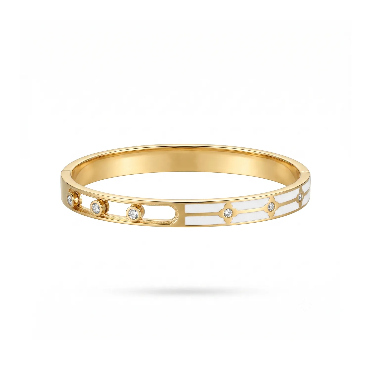 Χειροπέδα Stainless Steel "Moving Stones & Clover" Χρυσή με Λευκό Σμάλτο