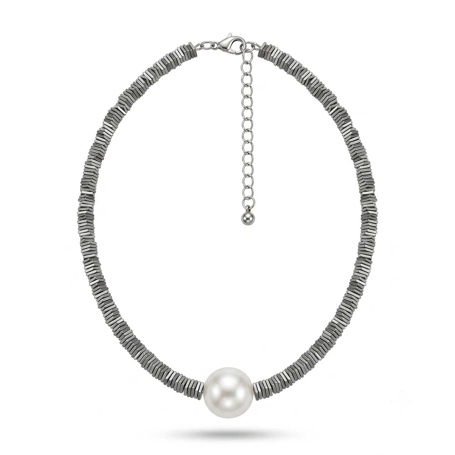 Κολιέ Choker Stainless Steel με Αιματίτη και Κεντρικό Μαργαριτάρι ST-204