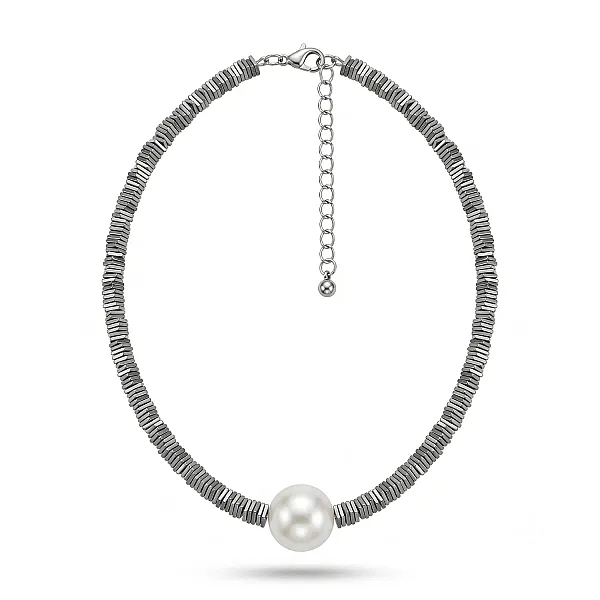 Κολιέ Choker Stainless Steel με Αιματίτη και Κεντρικό Μαργαριτάρι ST-204
