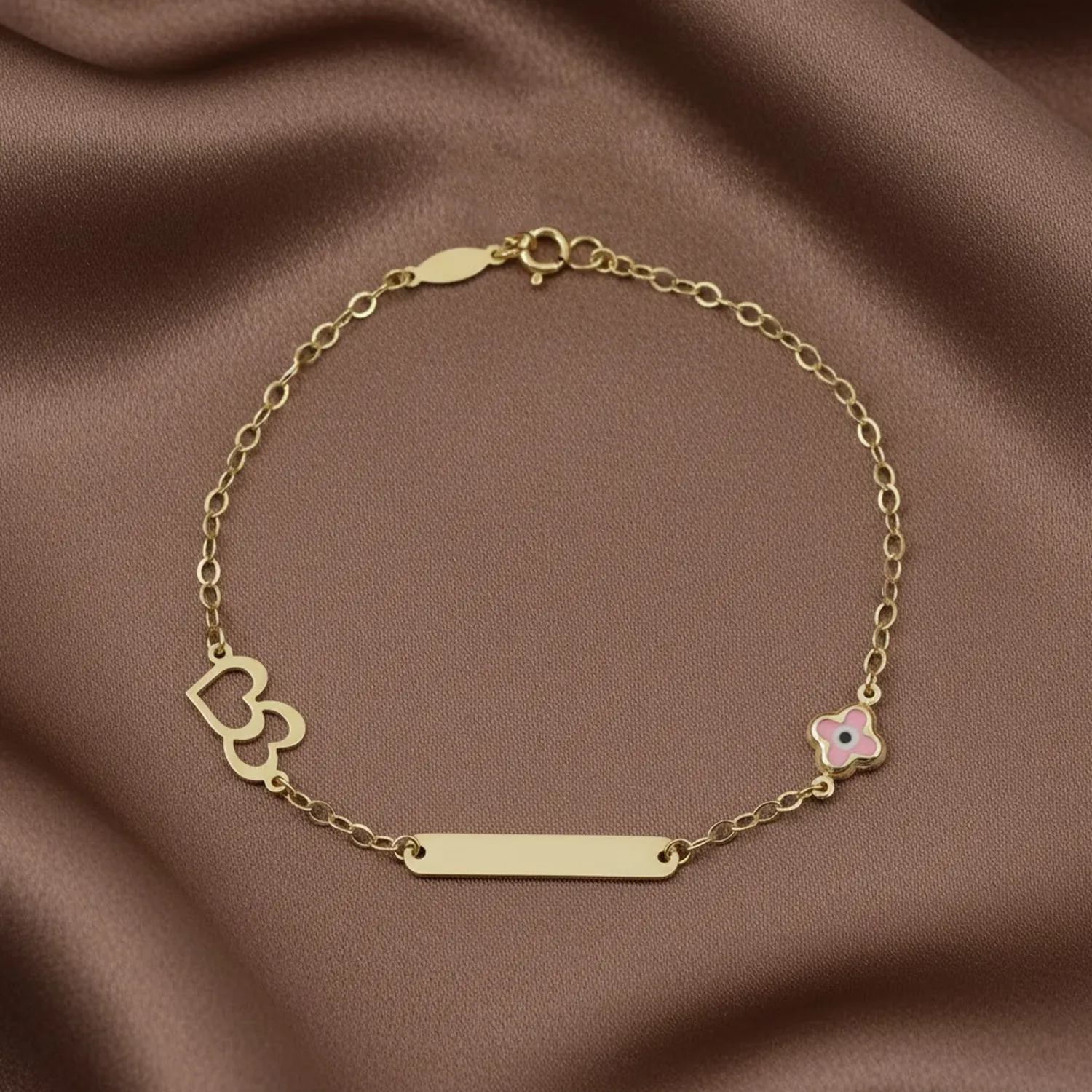 Χρυσή Παιδική Ταυτότητα Κ9 Ροζ Ματάκι Και Καρδούλες