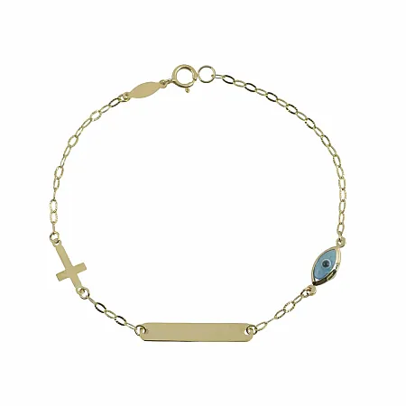 Χρυσή Παιδική Ταυτότητα Κ9 με Σταυρό & Γαλάζιο Ματάκι